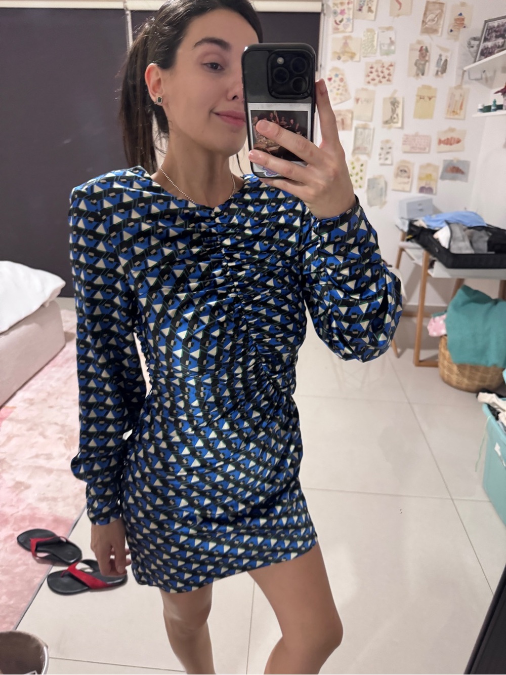 Zara Blue Geometric Ruched Long-Sleeve Mini Dress